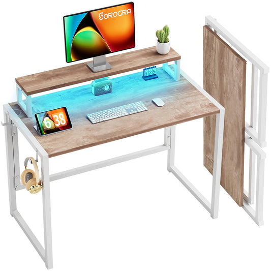SOROGRA Small Folding Desk 39.4 Inch Foldable Computer Desks with LED Lights and Monitor Stand Work Portable Table for Bedroom Home Office Vintage Oak